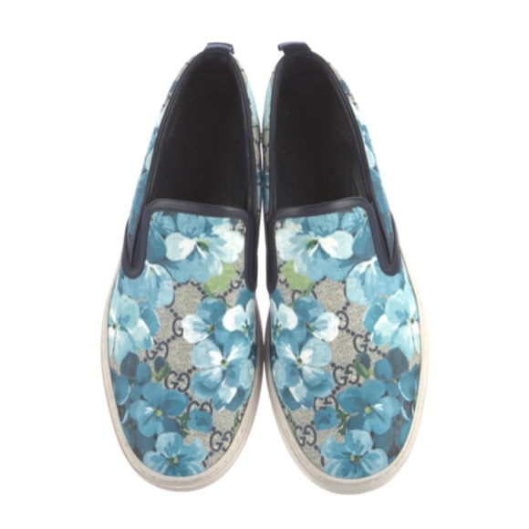 ✨Unisex GUCCI Supreme GG Logo Canvas Bloom Blue Floral Slip-On Sneakers Shoes